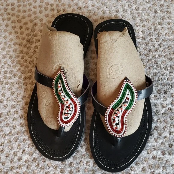 Unisex Maasai Leather Sandals. Size 11 or 42 decorated with beads. Handmade Maasai Sandals | Beaded African Maasai Sandals  main image 3